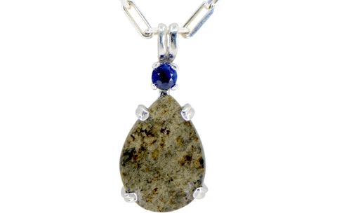 Mars Blue Drop Necklace I Martian Meteorite Silver Pendant with Blue Sapphire