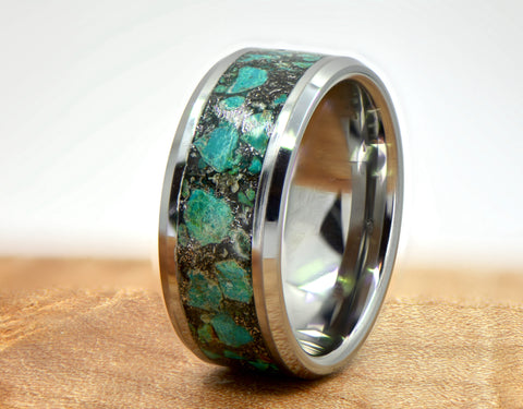 Tungsten Ring Inlaid with Iron-Nickel from the Gibeon and Muonionalusta Meteorites mixed with Chrysocolla
