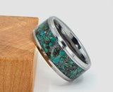 Tungsten Ring Inlaid with Iron-Nickel from the Gibeon and Muonionalusta Meteorites mixed with Chrysocolla