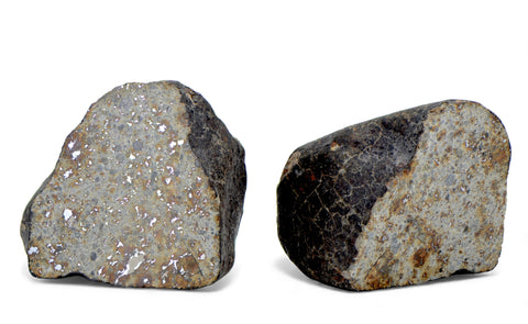 34.06g & 40.92g H5 Chondrite Meteorite half pieces with fusion crust I NWA 18056